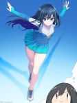  alternate_costume asashio_(kantai_collection) black_hair blue_background blue_dress breasts dress figure_skating highres ice_skates ice_skating imagining kantai_collection kuronaga long_hair long_sleeves looking_at_viewer outstretched_arms short_dress skates skating small_breasts smile solo standing standing_on_one_leg thighs thinking twitter_username 