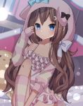  absurdres animal_ears animal_hood arm_up azur_lane bangs black_bow blue_bow blue_eyes blurry blurry_background bow brown_hair closed_mouth crescent crescent_hair_ornament depth_of_field dog_ears dog_hood dress eyebrows_visible_through_hair fumizuki_(azur_lane) hair_between_eyes hair_ornament highres hood hood_up hoodie kneehighs long_hair long_sleeves looking_at_viewer open_clothes open_hoodie pink_dress sapphire_(sapphire25252) sitting sleeveless sleeveless_dress sleeves_past_wrists solo striped striped_hoodie striped_legwear very_long_hair 