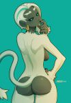  anthro black_nails black_sclera black_skin blue_background blue_eyes breasts butt coco_(croxot) colored_nails croxot_(artist) dark_skin ear_piercing female fur half-closed_eyes humanoid_hands light_fur long_tail looking_back mammal monkey nude piercing primate rear_view simple_background solo white_fur 