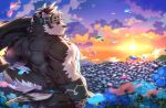  2018 anthro butt canine clothing flower fur headband hi_res horkeukamui kemono male mammal multicolored_fur muscular muscular_male nipples pecs plant sky tokyo_afterschool_summoners white_fur wl02024945 wolf 