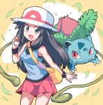  :d bag bangs bare_arms bare_shoulders blue_(pokemon) blue_shirt breasts brown_hair commentary cowboy_shot fangs fangs_out grey_eyes hat highres holding holding_poke_ball ivysaur leaf long_hair looking_at_viewer medium_skirt nazonazo_(nazonazot) open_mouth orange_background pink_skirt poke_ball pokemon pokemon_(creature) pokemon_(game) pokemon_frlg shirt shoulder_bag sidelocks skirt sleeveless sleeveless_shirt small_breasts smile standing super_smash_bros. super_smash_bros._ultimate white_hat wristband 