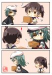  3koma :&lt; absurdres black_gloves black_hair box brown_eyes cape chibi comic eyepatch gloves green_eyes green_hair hakama_skirt hat highres japanese_clothes kaga_(kantai_collection) kantai_collection kiso_(kantai_collection) long_hair multiple_girls muneate neckerchief pauldrons red_neckwear remodel_(kantai_collection) sailor_hat school_uniform serafuku short_hair side_ponytail silent_comic taisa_(kari) tasuki upper_body white_hat 