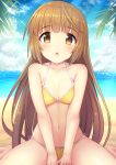  :o bangs bare_arms bare_legs bare_shoulders barefoot beach between_legs bikini blue_sky blunt_bangs blush breasts brown_eyes brown_hair cleavage cloud cloudy_sky collarbone commentary_request day eyebrows_visible_through_hair hand_between_legs highres horizon idolmaster idolmaster_cinderella_girls long_hair looking_at_viewer navel ocean outdoors parted_lips revision sand side-tie_bikini sitting sky small_breasts solo sparkle swimsuit u_rin v_arms very_long_hair wariza water yellow_bikini yorita_yoshino 