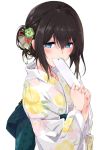  bangs black_hair blue_eyes blush breasts commentary floral_print flower hair_between_eyes hair_flower hair_ornament hairband idolmaster idolmaster_cinderella_girls japanese_clothes kimono long_hair looking_at_viewer sagisawa_fumika sash simple_background solo tied_hair white_background white_kimono yabudatami 