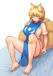  animal_humanoid barefoot big_breasts blonde_hair blush breasts chanta feet female fluffy fluffy_tail fox_humanoid hair humanoid humanoid_feet inner_ear_fluff ran_yakumo simple_background sitting solo sweat touhou white_background yellow_eyes 