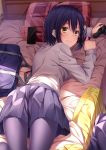 bag bangs bed black_legwear blue_hair blue_skirt blush breasts brown_eyes cellphone closed_mouth controller eyebrows_visible_through_hair game_controller gamepad hair_between_eyes highres holding long_sleeves looking_at_viewer looking_back lying medium_breasts nijisanji on_bed on_stomach pantyhose phone pillow plaid plaid_pillow pleated_skirt school_bag school_uniform shirt shizuka_rin short_hair skirt smile solo sweater sweater_removed virtual_youtuber white_shirt yellow_sweater yuuri_nayuta 