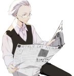  black_pants black_vest english glasses grey_eyes grey_hair luciano_de_lucca male_focus newspaper pants reading ristorante_paradiso sama simple_background sitting solo vest white_background white_neckwear 