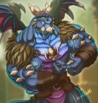  anthro belt biceps blue_scales bubba_(spyro) claws clothing dragon flexing green_eyes half_portrait horn huge_muscles looking_at_viewer male muscular muscular_male pecs pointing purple_scales scales simple_background smile solo standing vein wings wintech 
