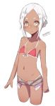  bangs bare_arms bare_shoulders bikini blush brown_eyes closed_mouth collarbone cropped_legs dark_skin dated flat_chest forehead front-tie_top grey_shorts maze_(gochama_ze_gohan) original parted_bangs red_bikini short_hair short_shorts shorts sidelocks signature silver_hair simple_background sketch smile solo swimsuit thick_eyebrows white_background 