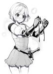  bikini bikini_removed bikini_top blush cowboy_shot djeeta_(granblue_fantasy) dress gauntlets granblue_fantasy greyscale hairband hands_up holding holding_bikini_top looking_away micro_bikini monochrome nose_blush puffy_short_sleeves puffy_sleeves ririko_(zhuoyandesailaer) short_hair short_sleeves solo swimsuit sword weapon white_background 