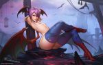  animal_print armpits arms_behind_head arms_up ass bat_print boots cage castle commentary demon_girl demon_wings english_commentary flat_chest head_wings high_heel_boots high_heels highres leg_up lilith_aensland looking_at_viewer low_wings nipples parted_lips print_legwear purple_hair pussy red_eyes short_hair signature sitting smile solo succubus tarakanovich thick_thighs thighhighs thighs topless torn_clothes torn_legwear vampire_(game) watermark web_address wings 