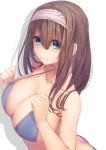  ass bikini blue_bikini blue_eyes blush breasts brown_hair cleavage commentary_request hairband highres huge_breasts idolmaster idolmaster_cinderella_girls light_smile long_hair looking_at_viewer sagisawa_fumika solo swimsuit tatapopo 