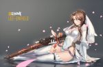  blush boots braid breasts brown_hair character_name cherry_blossoms cleavage commentary covered_navel covered_nipples english_commentary french_braid girls_frontline green_eyes gun hair_ornament highres holding knee_boots ku99_(kugugu) lace large_breasts lee-enfield_(girls_frontline) leotard long_hair looking_at_viewer lying medal on_side rifle solo thighhighs weapon white_leotard 