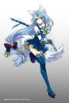  animal_ears blue_eyes blue_hair blue_legwear blue_skirt bow commentary_request copyright_request dress fox_ears fox_tail full_body gauntlets gradient gradient_background grey_background hair_ornament hairclip holding holding_sword holding_weapon katana long_hair looking_at_viewer low-tied_long_hair official_art pinafore_dress purple_bow seikon_gensou short_sleeves simple_background skirt standing standing_on_one_leg sword tail very_long_hair vixi_c watermark weapon web_address 
