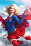  bird blonde_hair blue_eyes bodysuit boots breasts cape clenched_hand cloud commentary day dc_comics dove english_commentary flying highres medium_breasts miniskirt no_legwear outstretched_hand pink_lips red_cape skirt sky smile solo stanley_lau supergirl superhero thigh_boots thighhighs 
