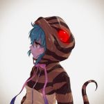  bangs blue_hair breasts bright_pupils brown_eyes closed_mouth eyebrows_visible_through_hair frown hair_between_eyes hood hood_up kemono_friends nose pink_ribbon profile realistic ribbon short_hair small_breasts snake_tail solo striped_tail tail tail_raised takami_masahiro tsuchinoko_(kemono_friends) upper_body white_pupils 