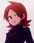  black_jacket eyebrows_visible_through_hair grey_background jacket long_sleeves looking_to_the_side male_focus miu_(miuuu_721) pokemon pokemon_(game) pokemon_hgss red_eyes red_hair shiny shiny_hair short_hair silver_(pokemon) simple_background smile solo upper_body 