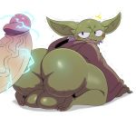  2018 alien backsack balls big_butt bottomless butt clothed clothing digital_media_(artwork) disembodied_penis duo hi_res huge_butt humanoid_penis looking_back male male/male not_furry open_mouth penis simple_background solo_focus sssonic2 star_wars sweat thick_thighs vein white_background yoda 