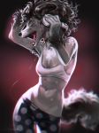  2018 5_fingers anthro black_hair black_nose breasts canine clothed clothing digital_media_(artwork) dog eyes_closed female hair headphones levelviolet mammal midriff multi_nipple navel nipples open_mouth smile solo teeth tongue 