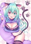  1girl :d absurdres animal_ear_fluff animal_ears antenna_hair aqua_eyes aqua_hair argyle argyle_background bangs between_legs black_bra black_legwear black_panties blush bra breasts cat_ears cat_girl cat_tail cleavage clothes_lift commentary_request crossed_bangs doll_hug fangs heart heterochromia highres lace lace-trimmed_bra large_breasts lingerie long_hair long_sleeves looking_at_viewer navel open_mouth original panties purple_sweater red_eyes ribbed_sweater sleeves_past_wrists smile solo stomach stuffed_animal stuffed_toy sweater sweater_lift tail tenzeru thighhighs underwear 