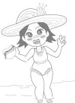  :d adeleine bare_arms bare_legs bare_shoulders blush blush_stickers casual_one-piece_swimsuit drawfag drooling flat_chest food greyscale hat holding holding_food hot_dog kirby_(series) looking_at_viewer monochrome nose_blush ocean one-piece_swimsuit open_mouth outdoors saliva short_hair sketch smile solo sun_hat sweat swimsuit w wading water wide_hips 