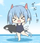  &gt;_&lt; :d bangs bare_arms bare_legs bare_shoulders barefoot black_swimsuit blue_hair blue_sky blue_wings blush_stickers carrying_under_arm chibi closed_eyes cloud collarbone day eyebrows_visible_through_hair facing_viewer fairy_wings food_themed_hair_ornament hair_between_eyes hair_ornament horizon inflatable_orca inflatable_toy old_school_swimsuit one-piece_swimsuit open_mouth original outdoors outstretched_arm rinechun school_swimsuit shallow_water sidelocks sky smile solo standing standing_on_one_leg swimsuit translation_request twintails twitter_username wading water watermelon_hair_ornament wings xd 