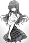  bangs bare_arms bare_shoulders blush breasts collared_shirt cowboy_shot eyebrows_visible_through_hair fate/extra fate_(series) gradient gradient_background grey_background greyscale hair_between_eyes head_tilt kishinami_hakuno_(female) long_hair medium_breasts monochrome parted_lips plaid plaid_skirt ririko_(zhuoyandesailaer) shirt skirt sleeveless sleeveless_shirt smile solo v-shaped_eyebrows very_long_hair white_background 