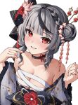  1girl absurdres bare_shoulders black_choker black_hair blush braid breasts chest_sarashi choker cleavage commentary_request flower flower_knot grey_hair grey_kimono hair_bun hair_flower hair_ornament hair_stick hands_up heart highres hololive japanese_clothes kimono looking_at_viewer medium_breasts medium_hair multicolored_hair nail_polish off_shoulder official_alternate_costume parted_lips pink_flower red_eyes sakamata_chloe sarashi simple_background smile solo streaked_hair tassel tate_yukimi teeth virtual_youtuber white_background 