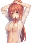  areola_slip areolae arms_up bangs between_breasts blush breasts brown_hair bunching_hair cleavage closed_mouth commentary eyebrows_visible_through_hair girls_frontline green_eyes hair_between_eyes high_ponytail highres large_breasts long_hair looking_at_viewer m1903_springfield_(girls_frontline) motokonut mouth_hold navel open_clothes open_shirt ponytail red_ribbon ribbon ribbon_in_mouth shirt short_sleeves sidelocks simple_background sleeves_folded_up solo very_long_hair white_background white_shirt 