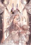  absurdres bangs bare_shoulders bouquet breasts bridal_veil bride commentary criss-cross_halter draph dress earrings elbow_gloves fang flower frills gloves granblue_fantasy grey_hair hair_between_eyes hair_flower hair_ornament hair_ribbon halterneck highres horns jewelry large_breasts long_hair looking_at_viewer looking_to_the_side mi_bait petals red_eyes ribbon rose smile solo thalatha_(granblue_fantasy) veil very_long_hair wedding wedding_dress white_dress white_flower white_gloves white_ribbon 
