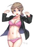  artist_name black_jacket blue_eyes bow bow_panties bra braid breasts brown_hair cleavage clenched_hands collarbone commentary eyebrows_visible_through_hair frilled_bra frilled_panties frills jack_hamster jacket long_hair looking_at_viewer lynette_bishop navel no_pants no_shirt open_clothes open_jacket open_mouth panties signature simple_background single_braid smile solo standing strike_witches underwear w_arms white_background white_frills world_witches_series 