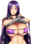  bangs bikini black_serafuku blush breasts choker cleavage collarbone commentary english_commentary eyepatch_bikini fate/grand_order fate_(series) highres huge_breasts long_hair looking_at_viewer megatama minamoto_no_raikou_(fate/grand_order) minamoto_no_raikou_(swimsuit_lancer)_(fate) navel open_mouth parted_bangs purple_bikini purple_eyes purple_hair school_uniform serafuku shirt_lift swimsuit thick_eyebrows very_long_hair 