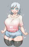  1girl aqua_eyes blue_eyes blush breasts futanari impossible_shirt large_breasts long_hair open_mouth penis solo testicles thick white_hair 