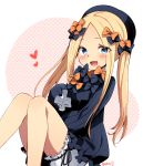  1girl abigail_williams_(fate/grand_order) alternate_hairstyle bangs black_bow black_dress black_hat blonde_hair bloomers blue_eyes blush bow dress fate/grand_order fate_(series) forehead frills hair_bow hat heart knees_up long_hair long_sleeves looking_at_viewer marimo_danshaku open_mouth orange_bow parted_bangs ribbed_dress simple_background sitting smile solo thighs twintails underwear white_background white_bloomers 