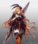  armor black_gloves black_hat boots breasts capelet chain gauntlets gloves gradient gradient_background grey_background hat hat_feather holding holding_chain holding_weapon legend_of_arsmana long_hair looking_at_viewer medium_breasts mini_hat official_art orange_hair orange_legwear pants seikon_gensou smile standing thigh_boots thighhighs tilted_headwear very_long_hair vixi_c watermark weapon web_address white_capelet white_pants 