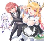  ;d bangs bare_shoulders beads between_legs black_bow black_hairband blunt_bangs bow breasts brown_hair capelet cleavage clenched_hand commentary_request cosplay detached_sleeves dragon_girl dragon_horns dragon_tail emilia_(re:zero) emilia_(re:zero)_(cosplay) eyebrows_visible_through_hair fangs female_butler formal frilled_capelet frills glasses gradient_hair hair_beads hair_between_eyes hair_ornament hair_ribbon hair_tie hairband hairclip hand_between_legs haribote_(tarao) horns kanna_kamui kobayashi-san_chi_no_maidragon kobayashi_(maidragon) lavender_hair long_hair looking_at_viewer low_twintails maid maid_headdress medium_breasts multicolored_hair multiple_girls natsuki_subaru natsuki_subaru_(cosplay) o_o one_eye_closed open_mouth orange_eyes pantyhose purple_ribbon re:zero_kara_hajimeru_isekai_seikatsu rem_(re:zero) rem_(re:zero)_(cosplay) ribbon simple_background sitting slit_pupils smile suit sweatdrop tail thighhighs tooru_(maidragon) trait_connection twintails v v_arms v_over_eye white_background white_legwear x_hair_ornament 