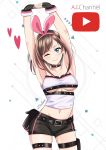  ;) a.i._channel absurdres armpits ass_visible_through_thighs asymmetrical_clothes bangs belt blush breasts brown_hair choker commentary cowboy_shot fingerless_gloves gloves hairband heart_ring_choker highres kizuna_ai looking_at_viewer medium_breasts multicolored_hair navel one_eye_closed pink_hair pink_hairband play_button pouch short_hair short_shorts shorts simple_background smile solo stretch swept_bangs thigh_strap two-tone_hair underboob virtual_youtuber white_background youtube zedxxx 