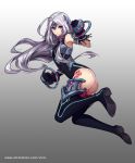  ahoge ass black_legwear breasts clenched_hand commentary_request full_body gloves gradient gradient_background grey_background hair_ornament legend_of_arsmana leotard long_hair looking_at_viewer official_art purple_eyes seikon_gensou small_breasts solo standing tattoo thighhighs very_long_hair vixi_c watermark web_address 