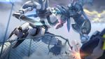  battle belial_(full_metal_panic!) cloud cloudy_sky damaged fence from_below full_metal_panic! highres holding holding_weapon knife lamppost mecha no_humans sky smoke_(flyx21) sparks weapon 