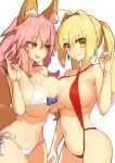  \m/ absurdres ahoge animal_ear_fluff animal_ears asymmetrical_docking bikini blonde_hair breast_press breasts brown_eyes closed_mouth commentary_request dh_ead earrings eyebrows eyebrows_visible_through_hair fate/grand_order fate_(series) fox_ears fox_tail green_eyes highres jewelry large_breasts long_hair looking_at_another looking_at_viewer multiple_girls navel nero_claudius_(fate) nero_claudius_(fate)_(all) pink_hair red_bikini side-tie_bikini simple_background slingshot_swimsuit smile swimsuit tail tamamo_(fate)_(all) tamamo_no_mae_(fate) twintails white_background white_bikini 