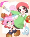  :d adeleine bangs batamon black_hair black_legwear blue_eyes blue_wings blush brown_footwear canvas_(object) collared_shirt commentary_request covering_mouth dress eyebrows_visible_through_hair fairy fairy_wings flying_sweatdrops ghost_knight_(kirby) green_shirt hair_between_eyes hat highres holding holding_paintbrush kirby:_star_allies kirby_(series) kirby_64 long_sleeves looking_at_viewer multiple_girls non_(wednesday-classic) open_mouth paintbrush parted_bangs pink_hair red_dress red_hat ribbon_(kirby) shirt shoes smile socks standing standing_on_one_leg transparent_wings wings 