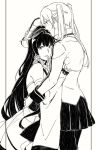 2girls bare_shoulders clothes_grab collared_shirt commentary cowboy_shot detached_sleeves eyebrows_visible_through_hair gesture gloves graf_zeppelin_(kantai_collection) greyscale hair_between_eyes hair_over_shoulder hair_ribbon half-closed_eyes hand_on_another's_head hand_on_another's_hip hat hug japanese_clothes kantai_collection long_hair long_sleeves looking_at_viewer military military_hat mizuho_(kantai_collection) monochrome multiple_girls pantyhose parted_lips peaked_cap pleated_skirt ribbon shirt simple_background skirt straight_hair tress_ribbon twintails weidashming white_background 