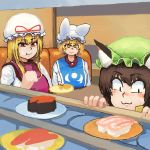  :3 animal_humanoid big_breasts blonde_hair blush breasts brown_hair cat_humanoid chanta chen clothed clothing eating feline female food group hair hat human humanoid inside looking_at_viewer mammal plate ran_yakumo touhou yellow_eyes yukari_yakumo 