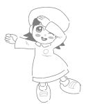  ;d adeleine blush blush_stickers dab_(dance) drawfag dress full_body greyscale kirby_(series) long_sleeves looking_to_the_side monochrome one_eye_closed open_mouth short_hair smile solo 