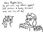  2018 apple applejack_(mlp) black_and_white duo earth_pony english_text equine female feral food friendship_is_magic fruit hair horn horse jargwellprescott lyra_heartstrings_(mlp) mammal monochrome my_little_pony pony simple_background text unicorn white_background 