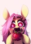  2018 apple equine fangs female feral fluttershy_(mlp) food friendship_is_magic fruit hair horse looking_at_viewer mammal my_little_pony open_mouth pony slit_pupils solo sourspot 