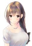  :t absurdres blush bra_strap braid breasts brown_eyes brown_hair collarbone commentary_request hair_over_shoulder hair_ribbon highres idolmaster idolmaster_shiny_colors jewelry kuwayama_chiyuki large_breasts light_smile long_hair looking_at_viewer megurumiru necklace pout ribbed_shirt ribbon shirt single_braid solo 