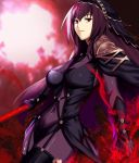  bodysuit breasts commentary covered_navel english_commentary fate/grand_order fate_(series) gae_bolg hair_between_eyes hair_intakes holding holding_weapon kouichi09 large_breasts long_hair looking_at_viewer pauldrons polearm purple_bodysuit purple_hair red_eyes scathach_(fate)_(all) scathach_(fate/grand_order) shoulder_armor spear veil weapon 