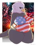  avian bald_eagle bird bodypaint breasts detailed_background eagle female fireworks garuda_six hands_behind_back looking_at_viewer nipples overweight portrait solo stars_and_stripes thick_thighs three-quarter_portrait united_states_of_america yellow_eyes 