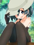  bare_shoulders black_eyes black_gloves black_legwear black_tank_top blurry blurry_background collarbone commentary_request error eyes_visible_through_hair gloves green_hair hair_between_eyes hand_on_headwear hat hat_over_one_eye highres kaban_(kemono_friends) kemono_friends looking_at_viewer no_shirt one_eye_covered pantyhose pantyhose_under_shorts parted_lips sat-c short_hair shorts sitting smile solo white_hat 